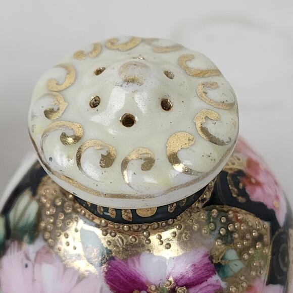 Victorian Salt & Pepper Shaker Set Moriage Floral Rose Gilt Muffineer Pink Black - Picture 8 of 11